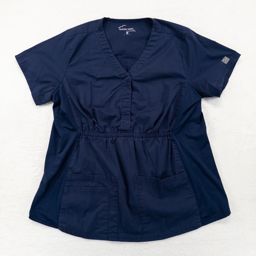 Butter-Soft Womens Scrub Top Large Navy Blue Stretch V-Neck Empire Waist Medical